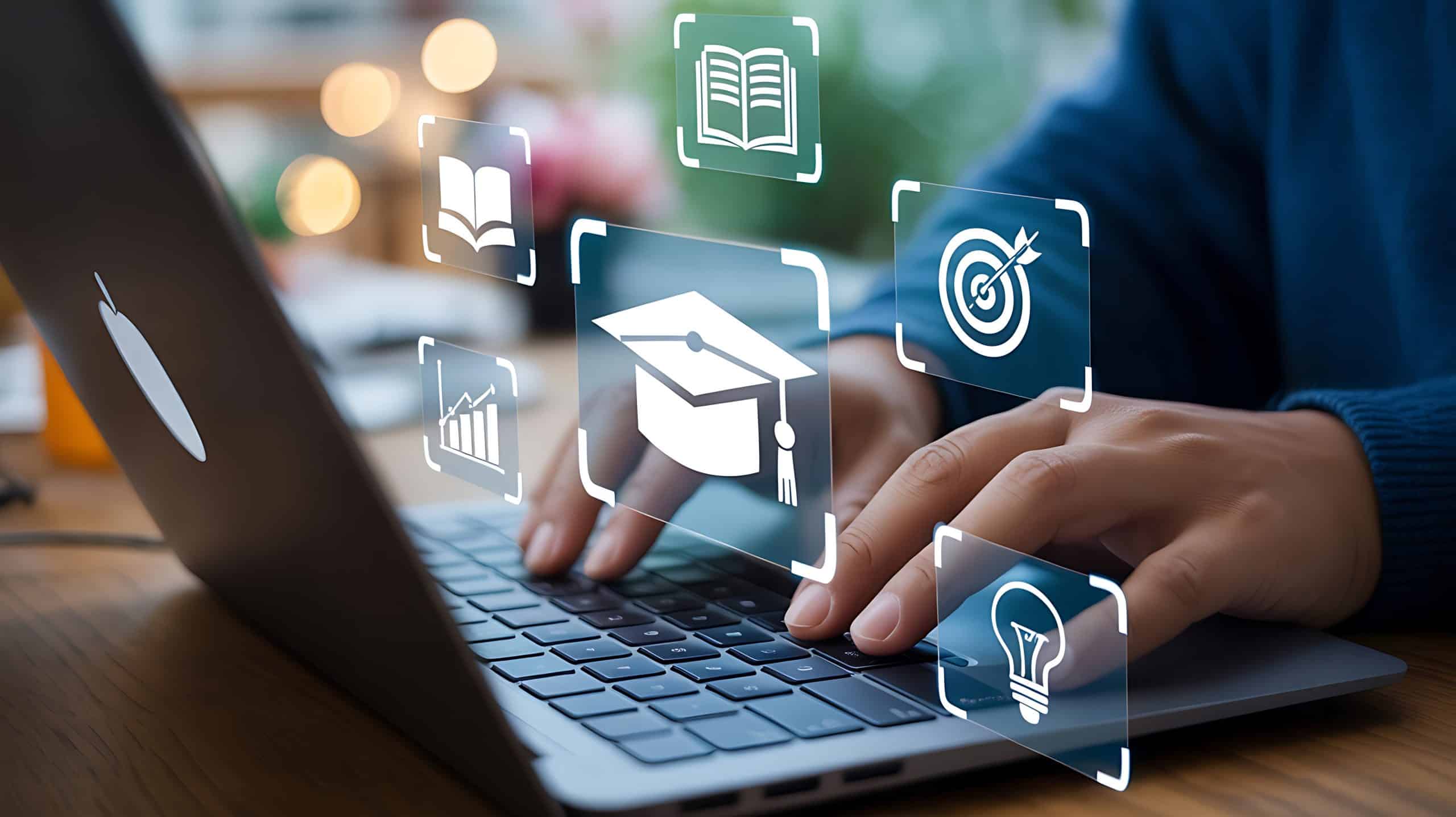 person using laptop with digital education icons floating keyboard computer technology 1 scaled